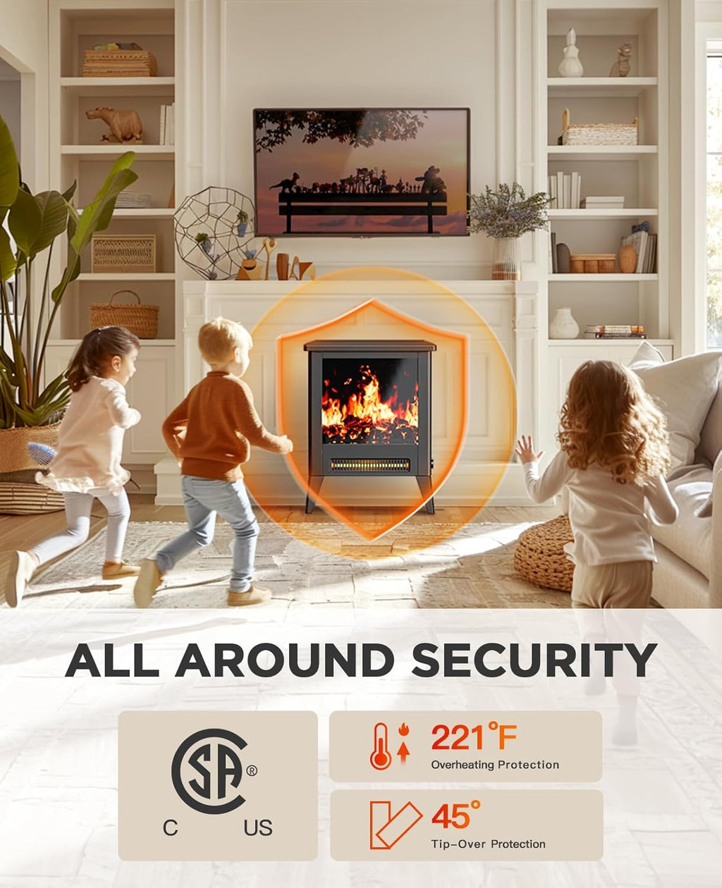Electric Fireplace Heater, Quick Heating Portable Low Noise Fireplace with Temp Control, CSA Certified,18” Electric Fire Place with Overheat Protection Function for Living Room, Bedroom, Black