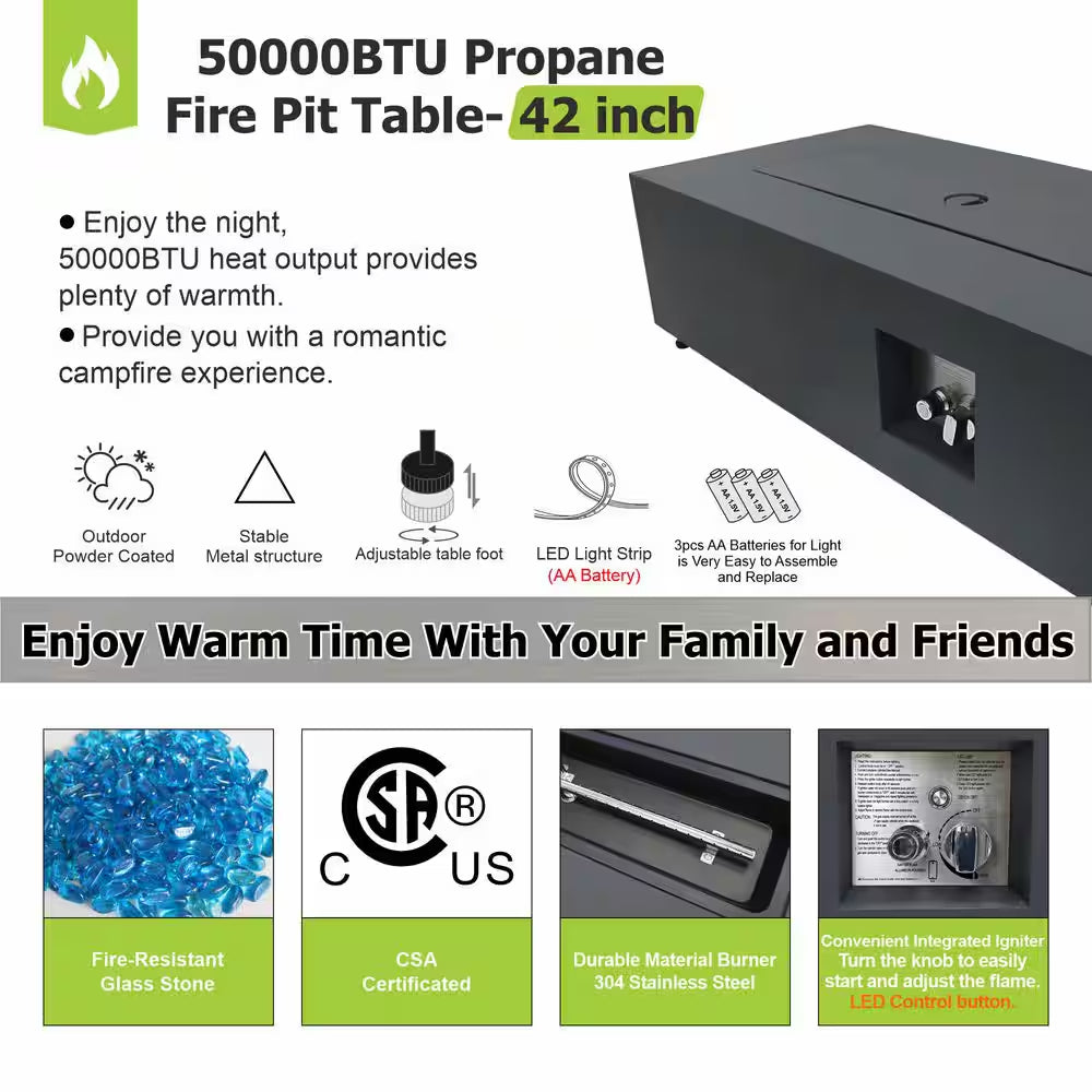 42 In. 50,000 BTU Outdoor Propane Fire Pit Table with Golden LED Light
