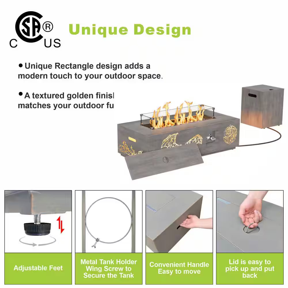 42 In. 50,000 BTU Rectangle Outdoor Propane Gas Fire Pit Table in Brown with Golden LED Light
