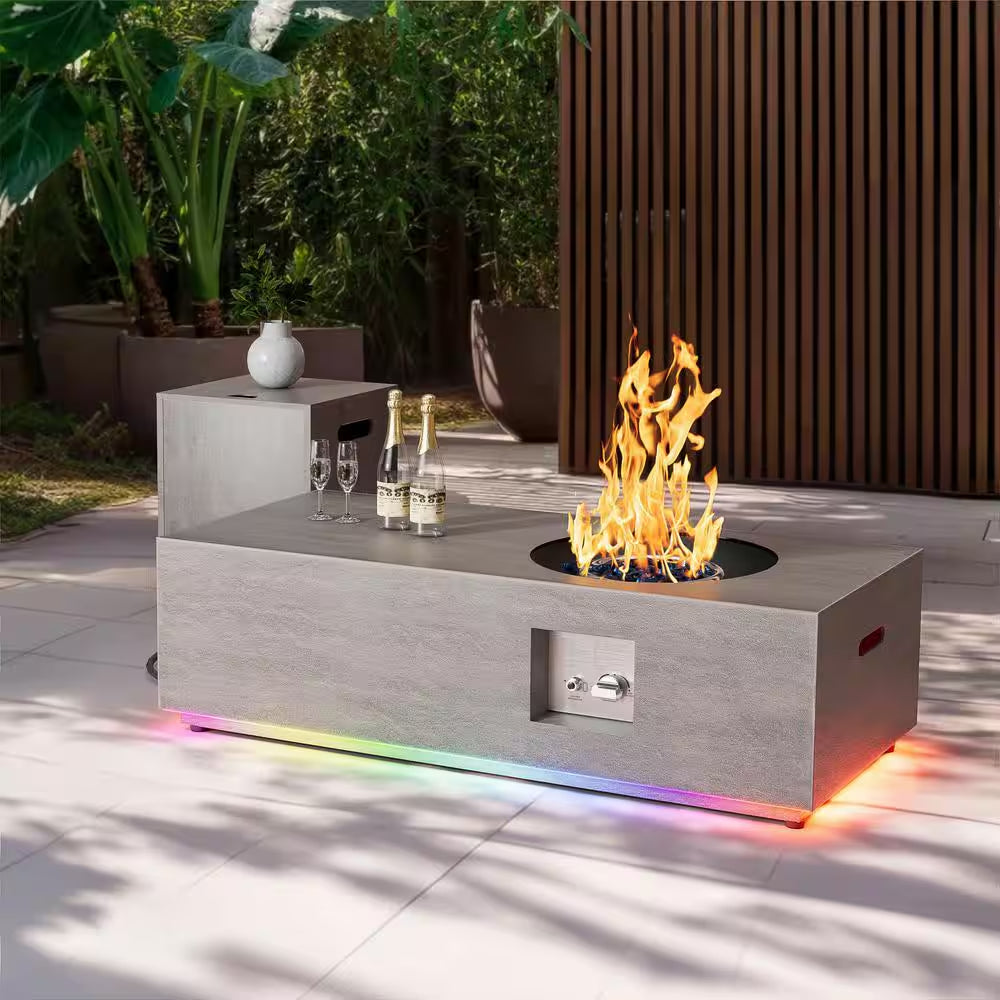 48 In. 50,000 BTU Rectangle Outdoor Gas Fire Pit Table in Brown with RGB LED Light