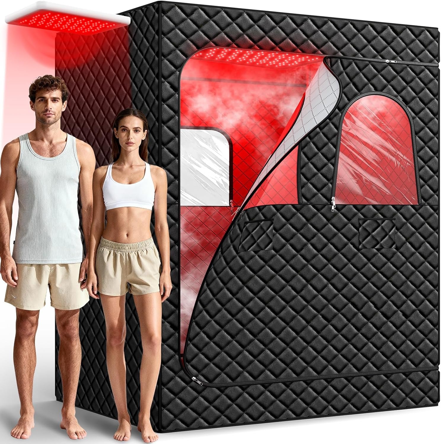 2 Person Infrared Sauna Box for Home, Portable Steam Sauna Room with 660Nm＆850Nm Red Light Therapy Lamp, 5-Layer Waterproof, 2 Steamers, 2 Folding Chair