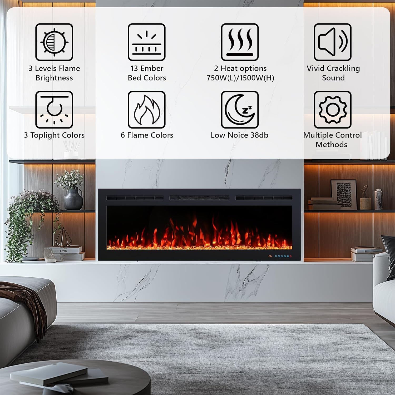 60 Inch Electric Fireplace Heater, Smart Control via Alexa& App, Recessed and Wall Mounted Fireplace Insert with Multicolor Realistic Flame Effects,Crackling Sound and Logs& Crystal,5100Btus, Black