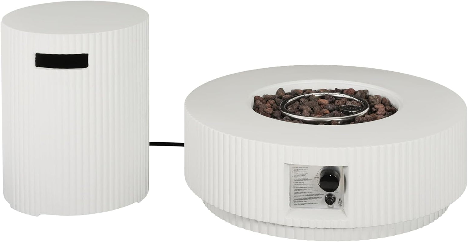 Hearth Lightweight Concrete Tank Table, Outdoor Fire Pit and Tank Holder Set, 40000BTU round Fire Pit, Concrete Propane Cover and Firepit, No Assembly Needed, White
