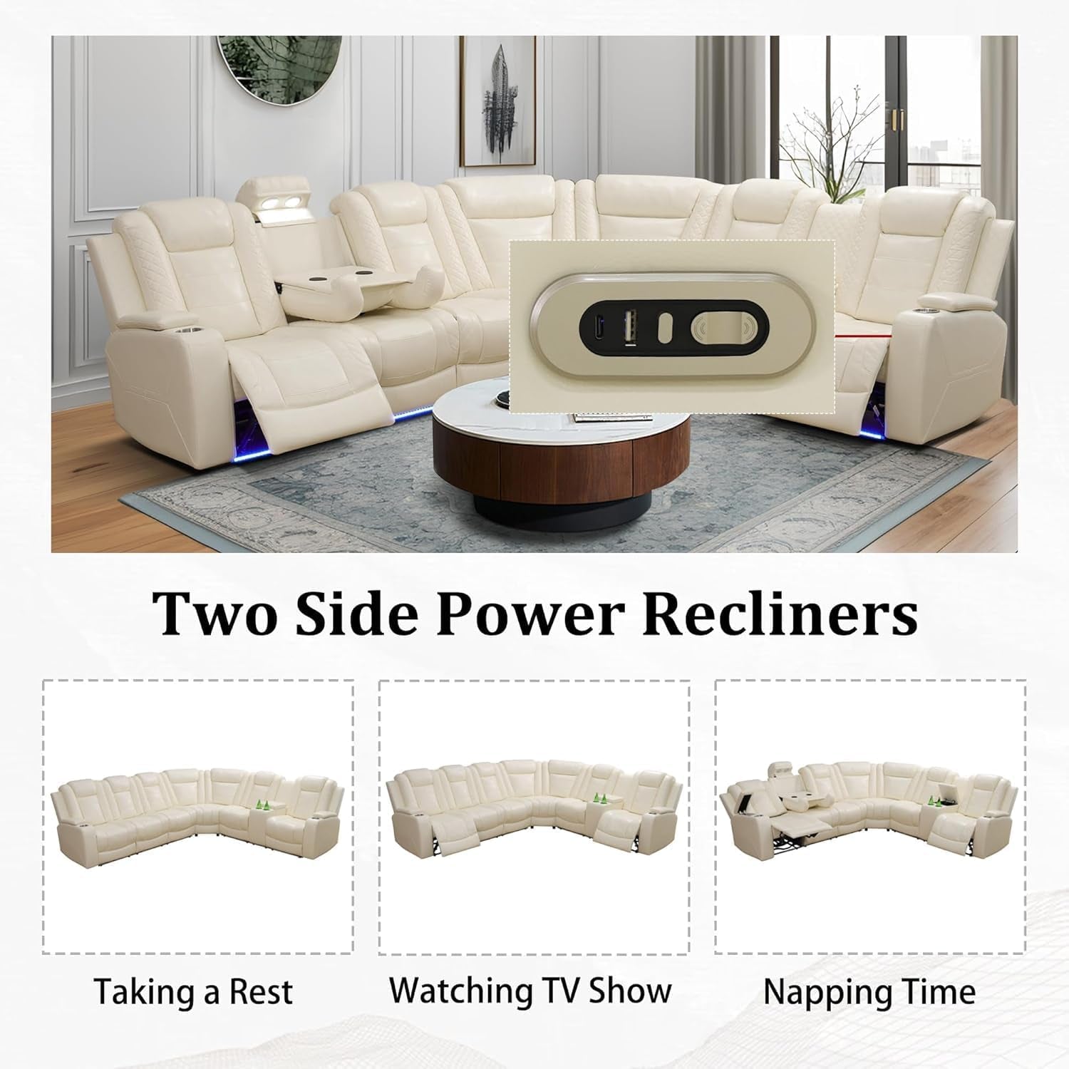 Power Recliner Sectional Sofa,Breathing Leather Reclining Sectional Couches for Living Room, Living Room Furnitures Sets with Cup Holder/Usb Charge for Home Office Theater (Creamy White2)