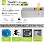 48 In. 50,000 BTU Rectangle Outdoor Propane Fire Pit Table in Gray with RGB LED Light