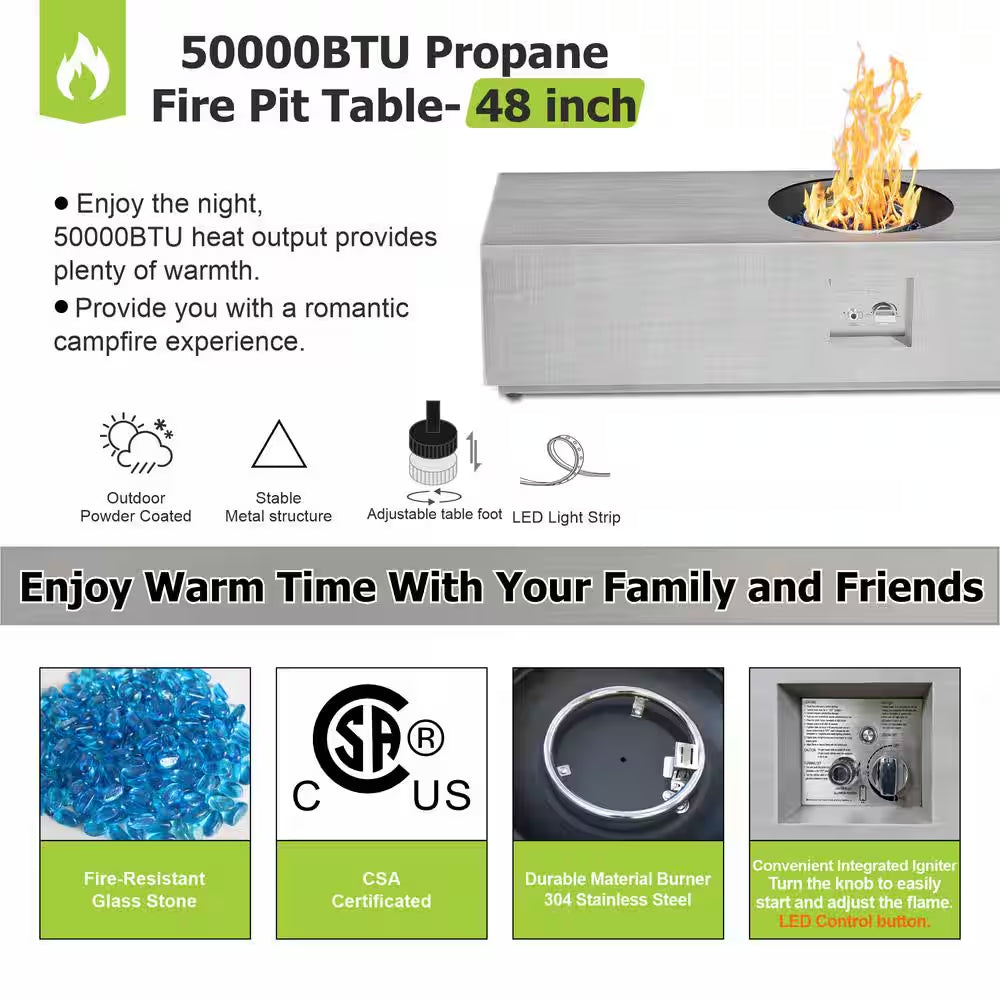 48 In. 50,000 BTU Rectangle Outdoor Propane Fire Pit Table in Gray with RGB LED Light