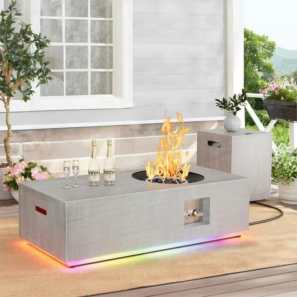 48 In. 50,000 BTU Rectangle Outdoor Propane Fire Pit Table in Gray with RGB LED Light