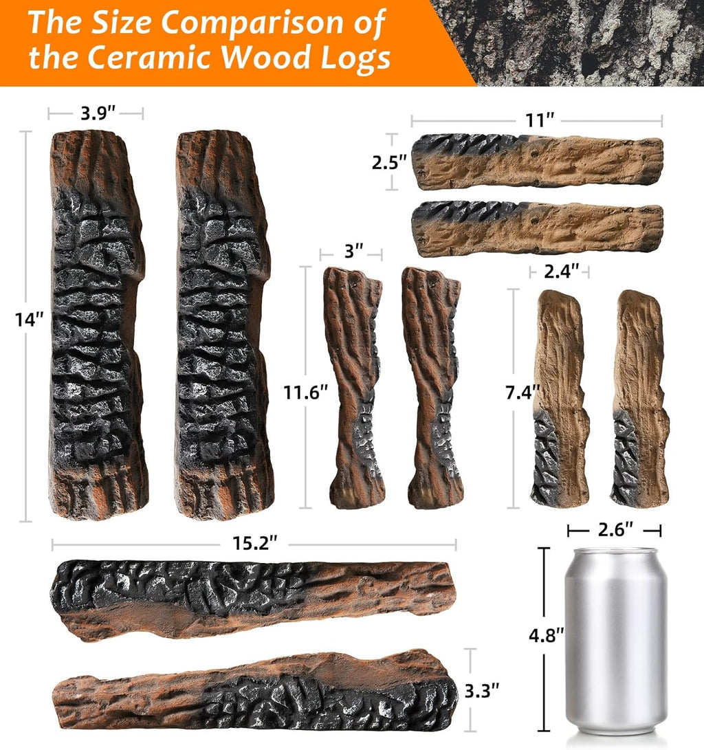 10 Pcs Ceramic Gas Fireplace Logs, Premium Heat-Resistant Wood Log Gas Realistic Logs for Indoor or Outdoor Fireplaces,Perfect for Holidays,Christmas Ambiance