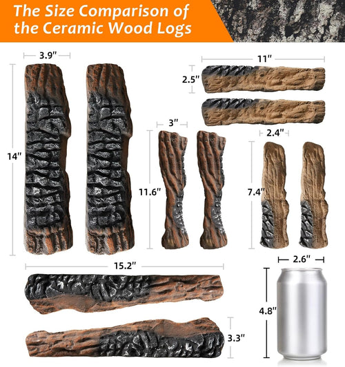 10 Pcs Ceramic Gas Fireplace Logs, Premium Heat-Resistant Wood Log Gas Realistic Logs for Indoor or Outdoor Fireplaces,Perfect for Holidays,Christmas Ambiance