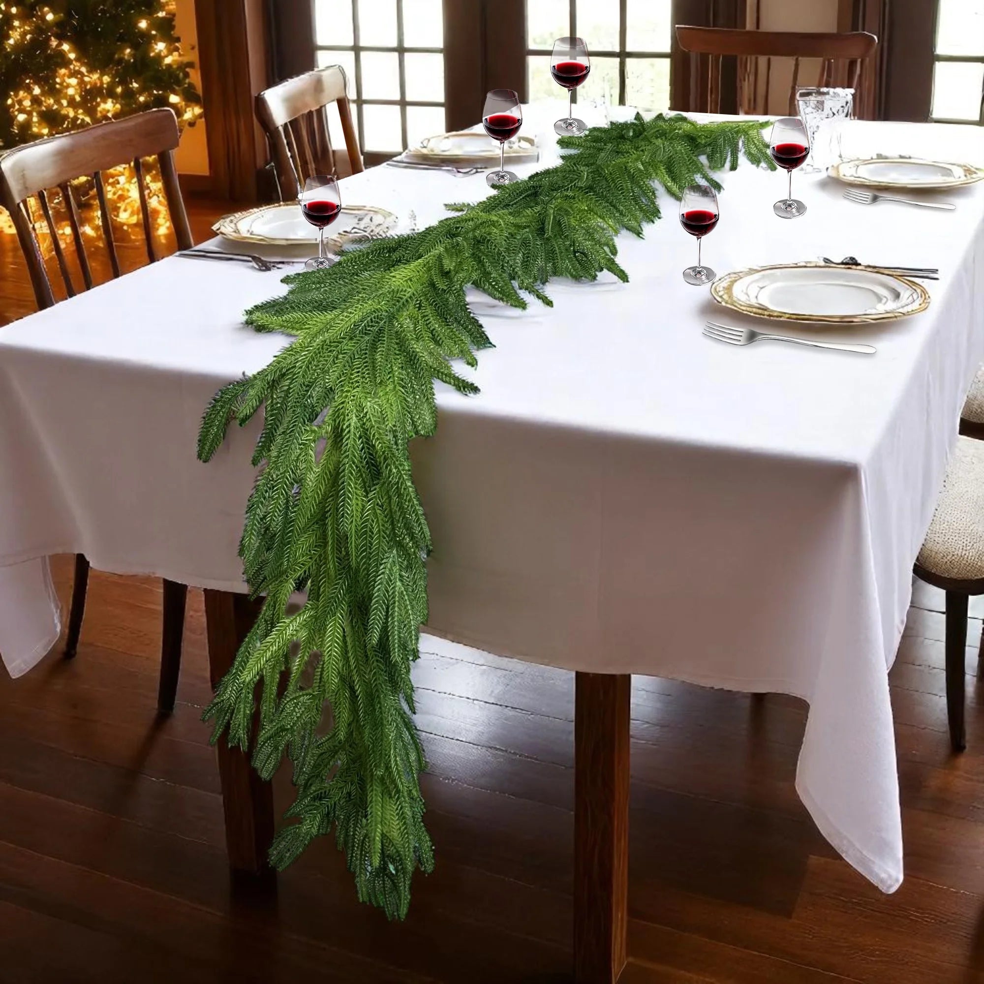 2Pcs 9Ft Christmas Garlands Norfolk Pine Garland Faux Greenery Pine Garland for Christmas Holiday Winter Wall Mantle Fireplace Staircase Indoor Outdoor Decoration