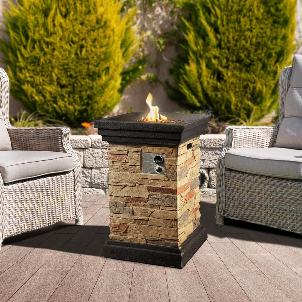 40,000 BTU Square Slate Rock Look Steel Outdoor Fire Pit Pillar outside Propane Gas Firepit with 6.6 Pounds Lava Rocks and PVC Cover for Patio Garden Backyard, 20 Inch, Brown