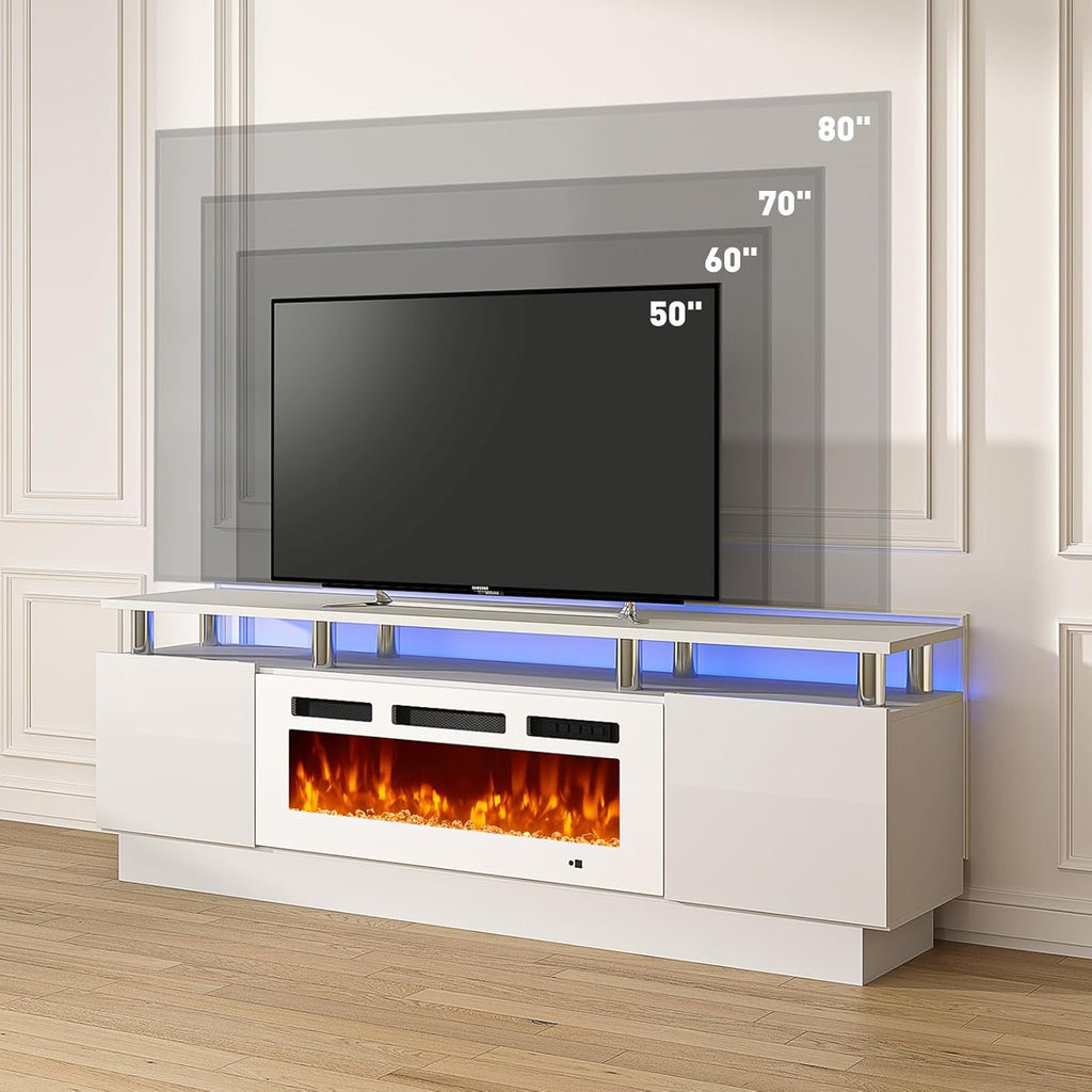 70" Fireplace TV Stand, Modern Entertainment Center & 36 Inch Electric Fireplace with Remote Control, LED Light, Fire Place Tv Stand for Living Room for Tvs up to 80", White + White
