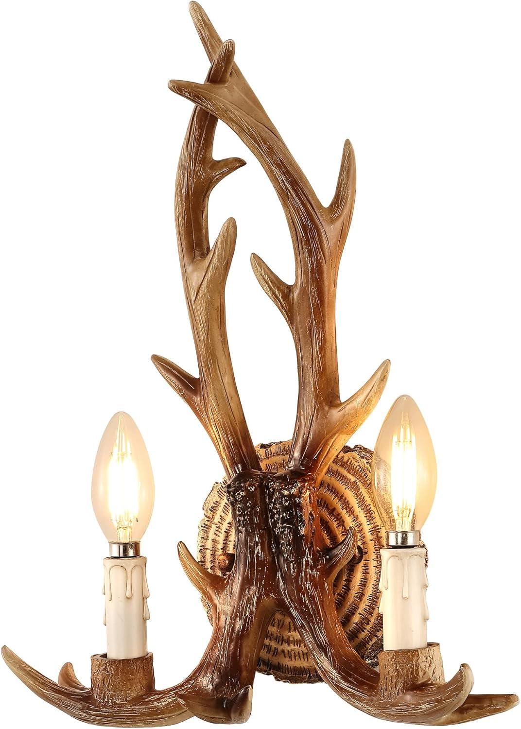 Antler Wall Sconce, 1-Light Vintage Faux Deer Horn Wall Lamp, Retro Brown Hardwired Flush Mount Indoor Light Fixture for Bedroom, Hallway, Living Room, and Fireplace (Bulb Not Included)