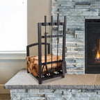 Jivin 5-Piece Fireplace Tool Set and Log Rack - Mission-Style Firewood Holder with Shovel, Broom, Tongs, and Poker for Hearth