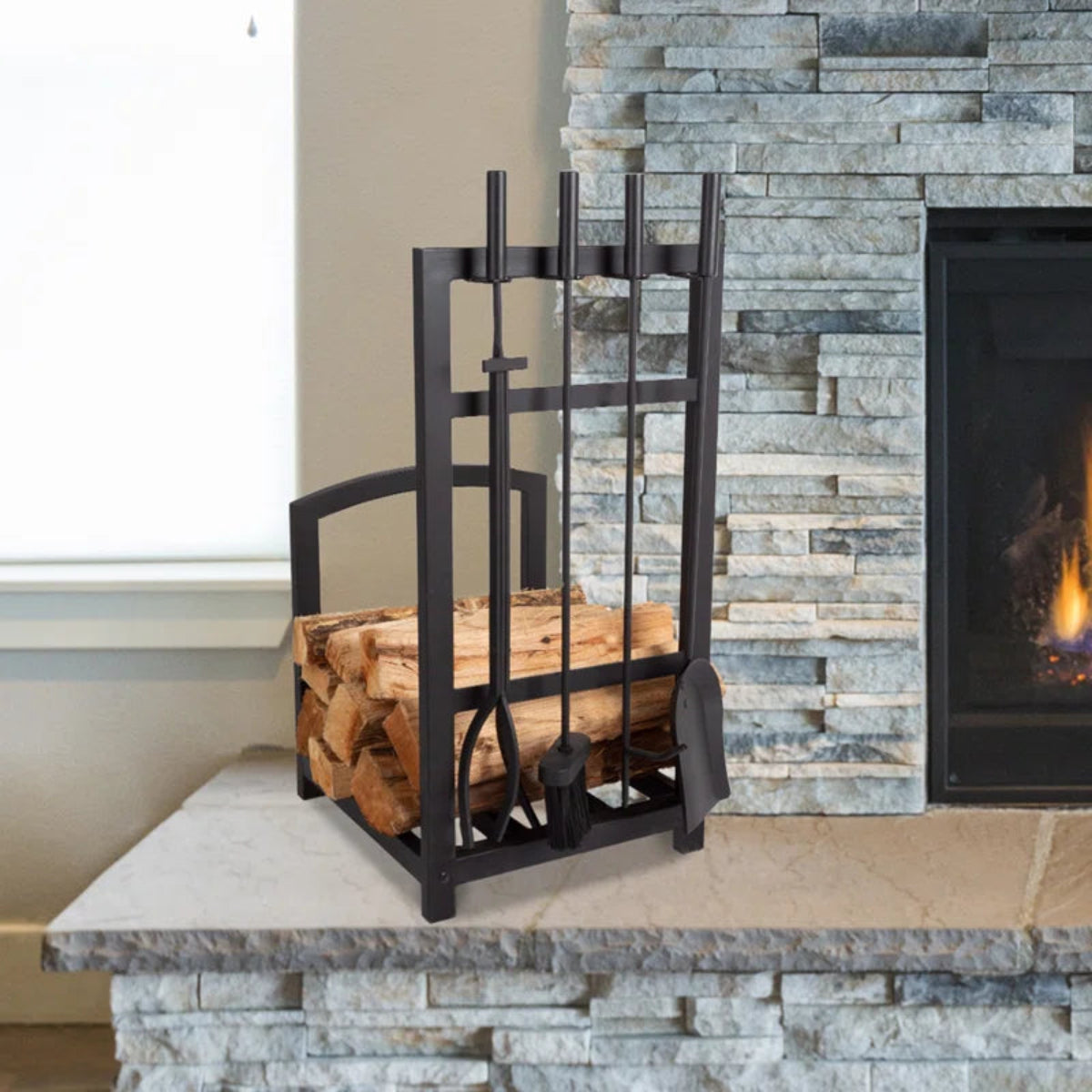 Jivin 5-Piece Fireplace Tool Set and Log Rack - Mission-Style Firewood Holder with Shovel, Broom, Tongs, and Poker for Hearth