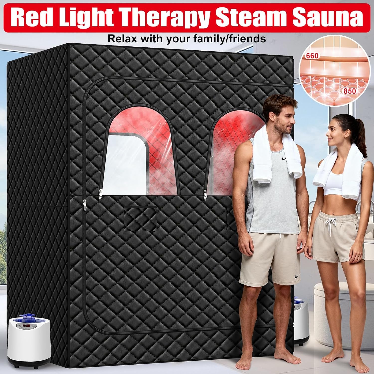 2 Person Infrared Sauna Box for Home, Portable Steam Sauna Room with 660Nm＆850Nm Red Light Therapy Lamp, 5-Layer Waterproof, 2 Steamers, 2 Folding Chair