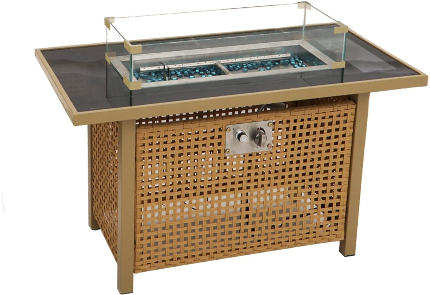 Outdoor Patio 43" Propane Gas Fire Pit Table, 60000 BTU Rectangular Open Weave with Glass Wind Guard for Garden, Couch, Porch, Backyard, Orange & Mustard Yellow