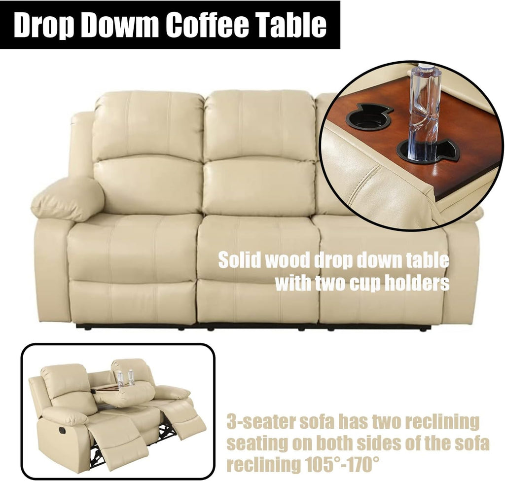 Manual Leather Recliner Sofa Set for Living Room Furniture Sets,Reclining Couch Set, Leather Couch Set for Living Room/Lounge/Club/Apartment(Beige,Sofa+Loveseat+Chair)