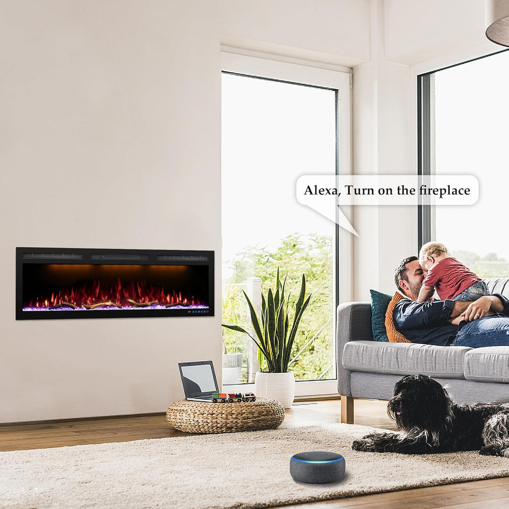 60 Inch Electric Fireplace Heater, Smart Control via Alexa& App, Recessed and Wall Mounted Fireplace Insert with Multicolor Realistic Flame Effects,Crackling Sound and Logs& Crystal,5100Btus, Black