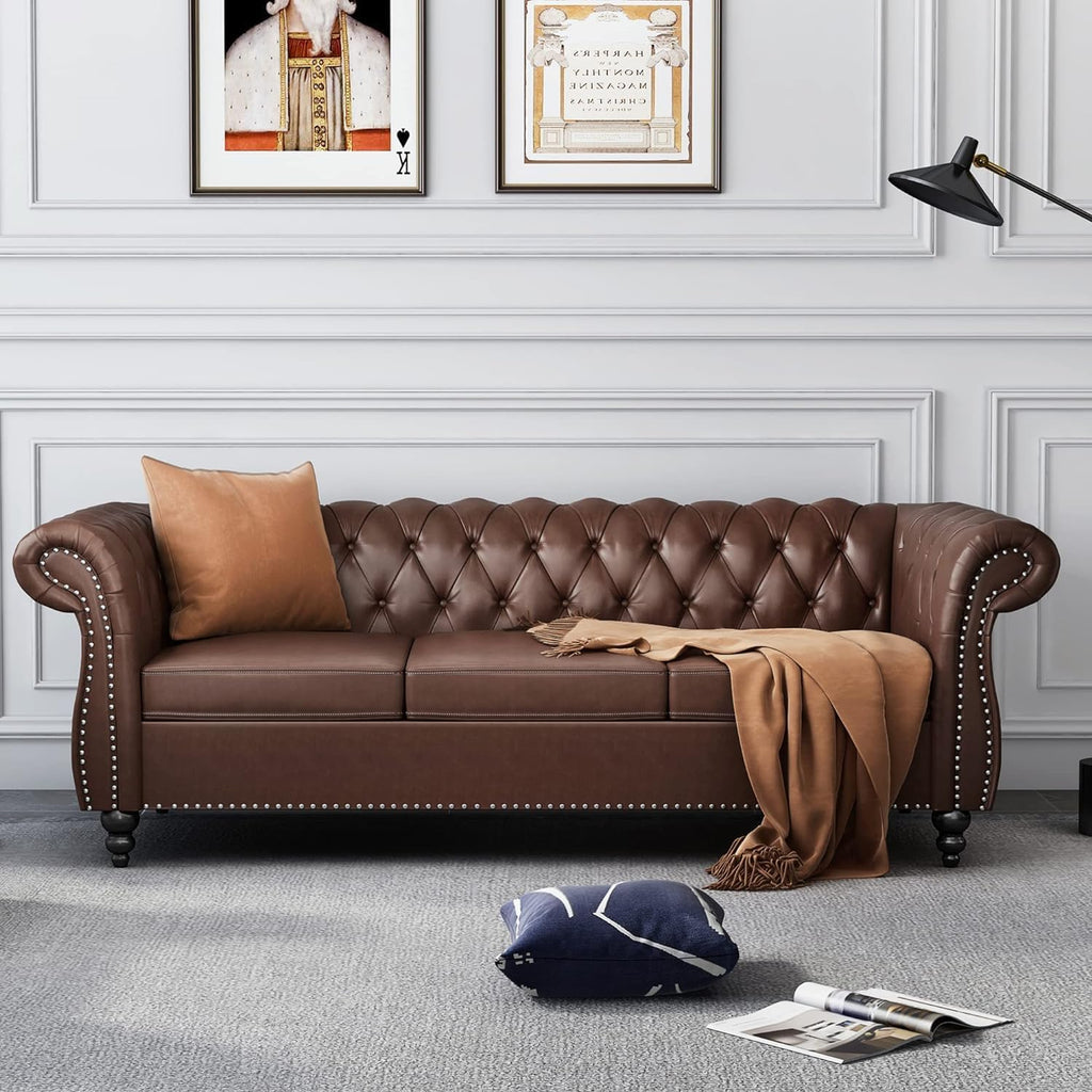 Chesterfield Leather Sofa 3 Seater Couch, Mid-Century Large Sofa Roll Arm Classic Tufted Settee Modern PU Sofa with Channel Tufted Seat Back for Living Room, Office, Apartment, PU Brown
