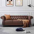 Chesterfield Leather Sofa 3 Seater Couch, Mid-Century Large Sofa Roll Arm Classic Tufted Settee Modern PU Sofa with Channel Tufted Seat Back for Living Room, Office, Apartment, PU Brown