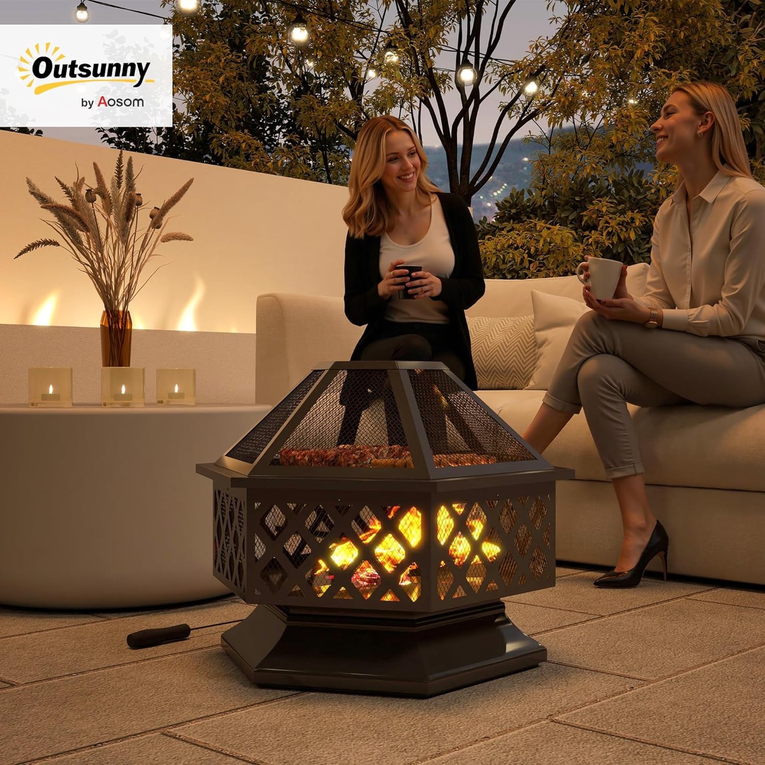 28" Outdoor Fire Pit Grill, Portable Wood Burning Firepit for outside with Cooking Grate, Fire Poker, Spark Screen Lid, Steel Hexagon Fireplace for Patio Bonfire Backyard BBQ Camping Picnic