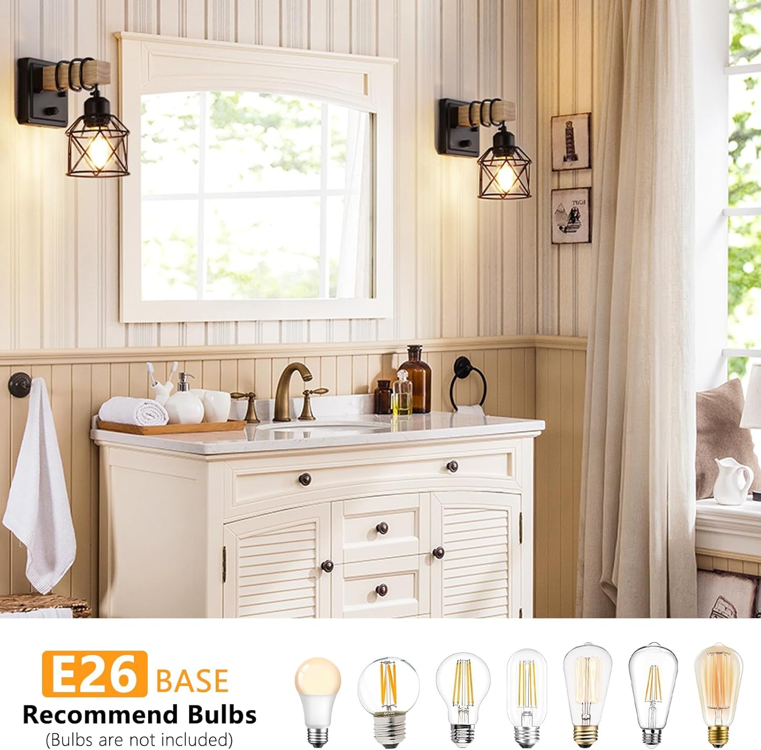 Dimmable Wall Sconces Set of Two, Bedside Wall Mounted Lamp with Rotary Switch, Wooden Black Bathroom Light Fixtures with Metal Cage, Hardwired Farmhouse Wall Lights for Bedroom, Living Room