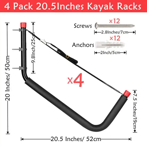 4-Pack 20.5 In. Kayaks Storage Racks, Wall Mount Canoe Hooks for Stand up Paddle Boards SUP Ski Snow Board