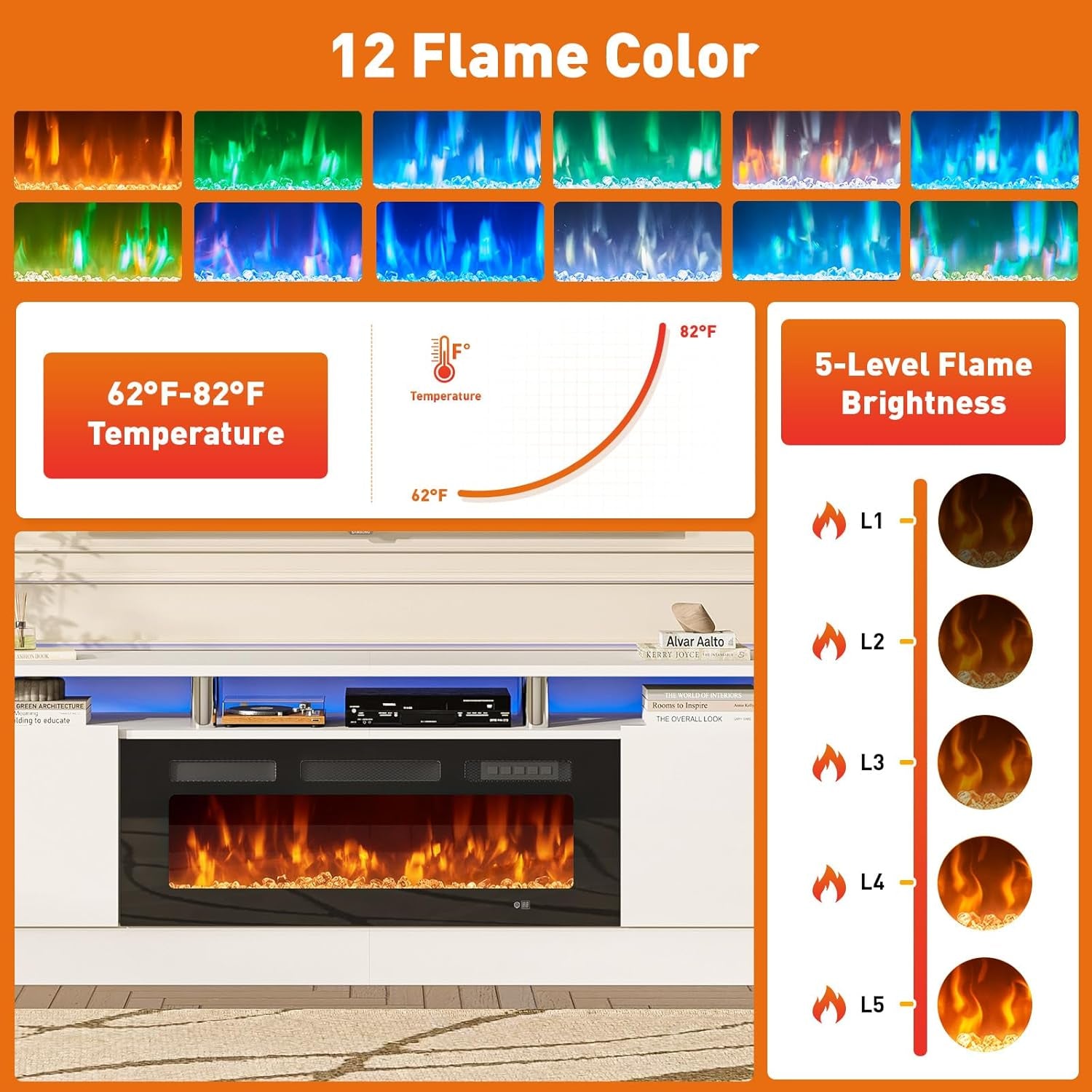 80" Fireplace TV Stand, Modern Entertainment Center & 36 Inch Electric Fireplace with Remote Control, LED Light, Fire Place Tv Stand for Living Room for Tvs up to 90", White + Black