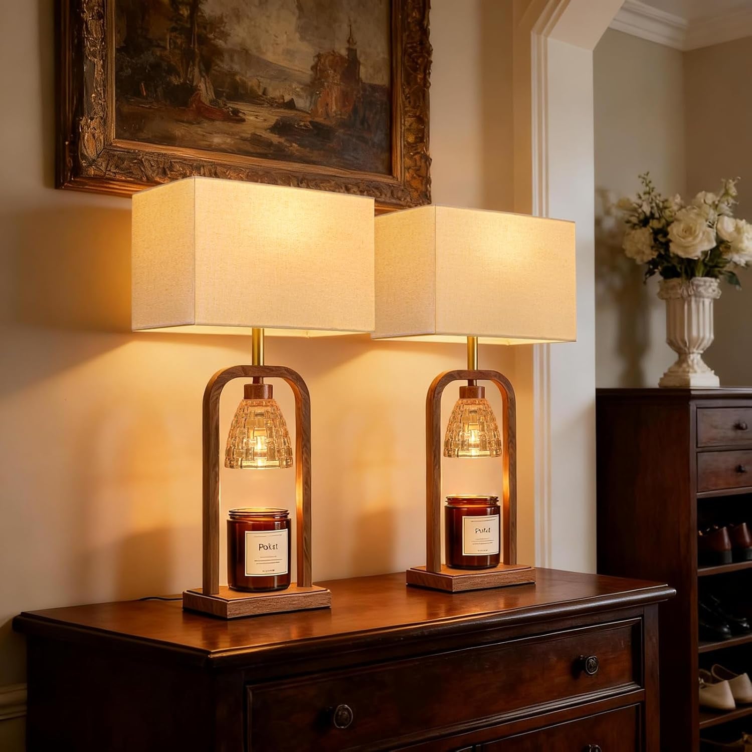 Farmhouse Table Lamps with Candle Warmer & Timer for Bedroom, Wood-Like Bedside Lamps Set of 2 for Night Stands, 21.5'' Bedroom Lamps Decor for Living Room, Corded Eletric, No Battery