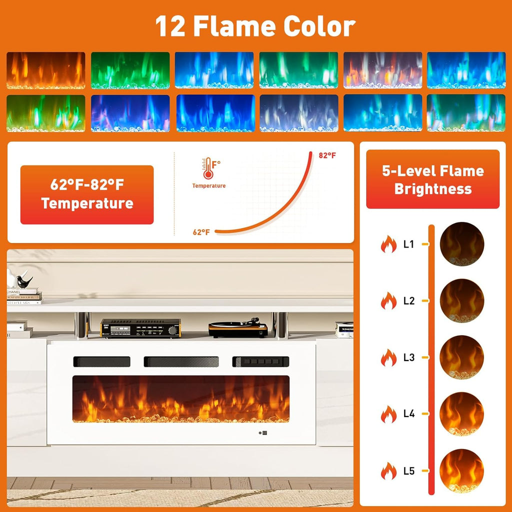 70" Fireplace TV Stand, Modern Entertainment Center & 36 Inch Electric Fireplace with Remote Control, LED Light, Fire Place Tv Stand for Living Room for Tvs up to 80", White + White