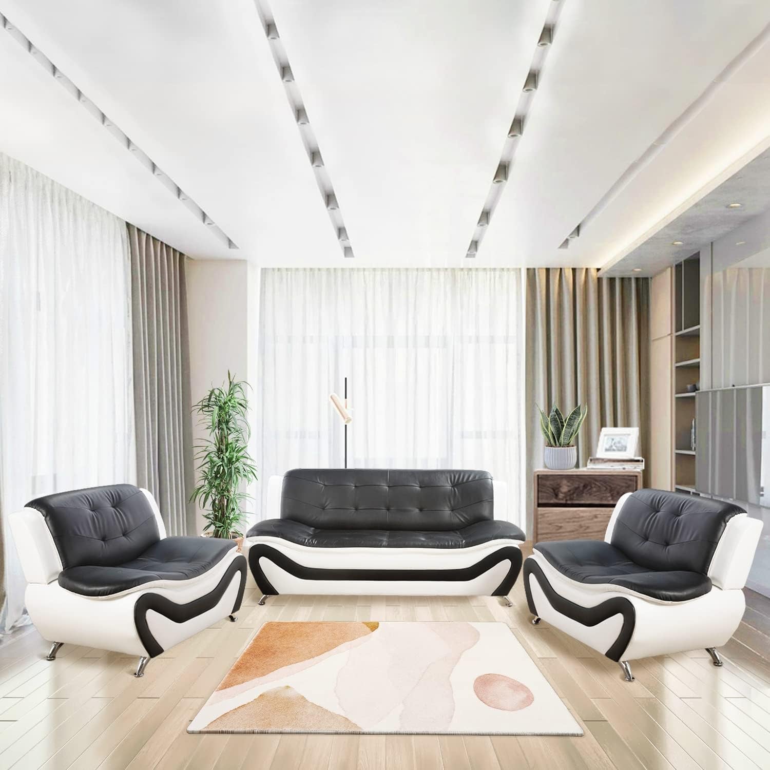 Living Room Furniture Set, Faux Leather Sofa Couch Set, 3 Pieces Modern Sofa Set for Living Room/Apartment/Office (Black&White)