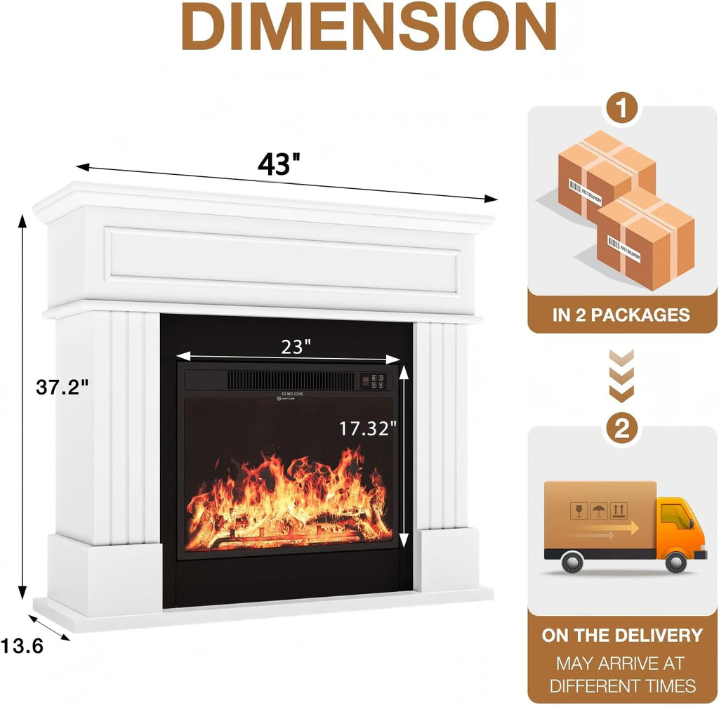 43" Electric Fireplace with Mantel, Freestanding Electric Fireplace Heater TV Stand with 23" Insert, Remote Control, Ajustable Flame and Timer, Fire Place Insert Heater for Living Room, White