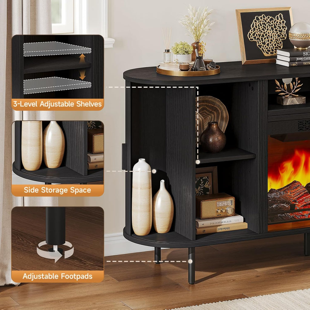 63" Fluted Fireplace TV Stand with 23" Electric Fireplace, Sliding Doors Entertainment Center for Tvs up to 70", TV Console with Power Outlet & Storage, Mid-Century Modern for Living Room, Black