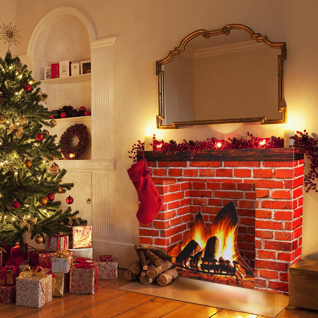 Christmas Cardboard Fireplace Prop- 3D Artificial Red Brick Cardboard Fireplace- Brick Fireplace Stand-Up- Fake Fireplace Backdrop for Christmas Decoration