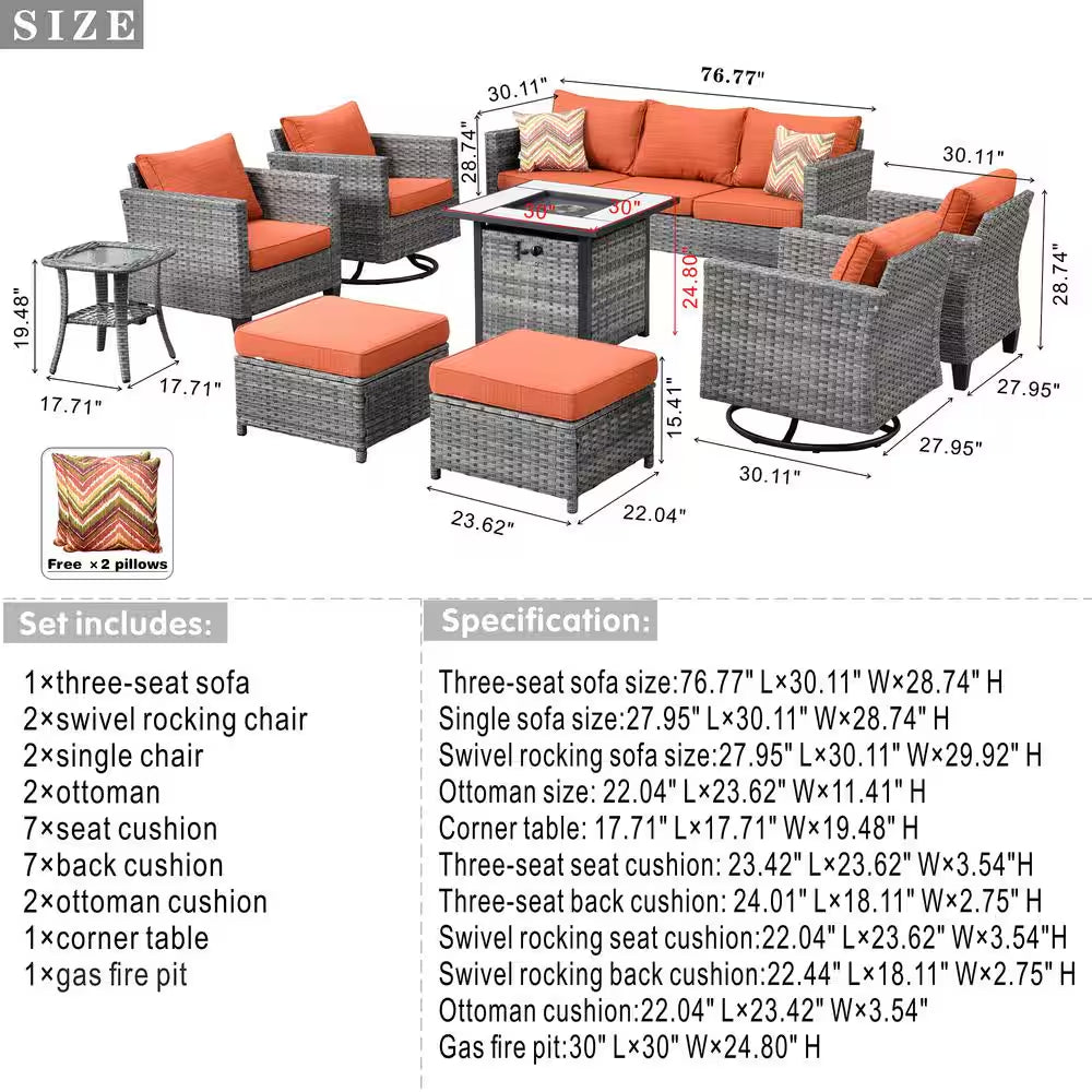Mars Gray 9-Piece 7-People Wicker Patio Conversation Fire Pit Sofa Set with Red Orange Cushion and Swivel Rocking Chairs
