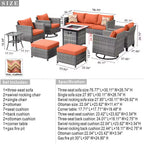 Mars Gray 9-Piece 7-People Wicker Patio Conversation Fire Pit Sofa Set with Red Orange Cushion and Swivel Rocking Chairs