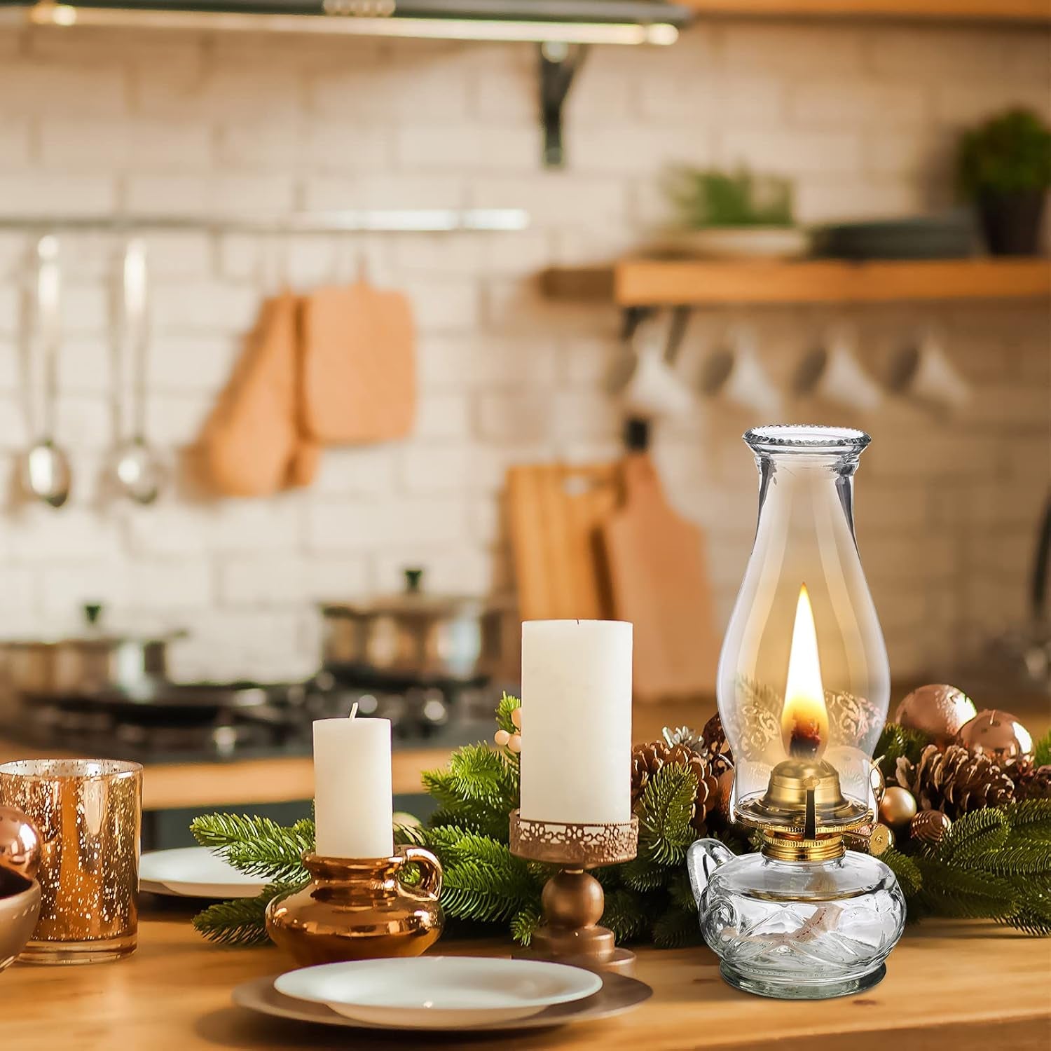 4 Pcs Large Chamber Oil Lamp Clear Vintage Glass Kerosene Lamp Decorative Hurricane Lamp Antique Rustic Oil Lantern for Indoor Tabletop Decor Emergency Lighting with Adjustable Fire Wick, 12.6'' High
