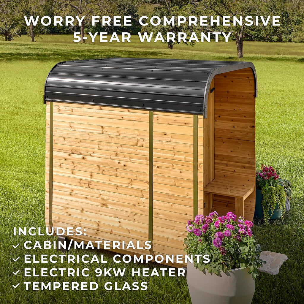 Lennon 2-4 Person Traditional Cedar Outdoor Cube Sauna with Porch, Electric Sauna Heater, Sauna Rocks, Dry Heat, Steam Sauna, LED Lights, Wi-Fi Control, Sauna Accessories