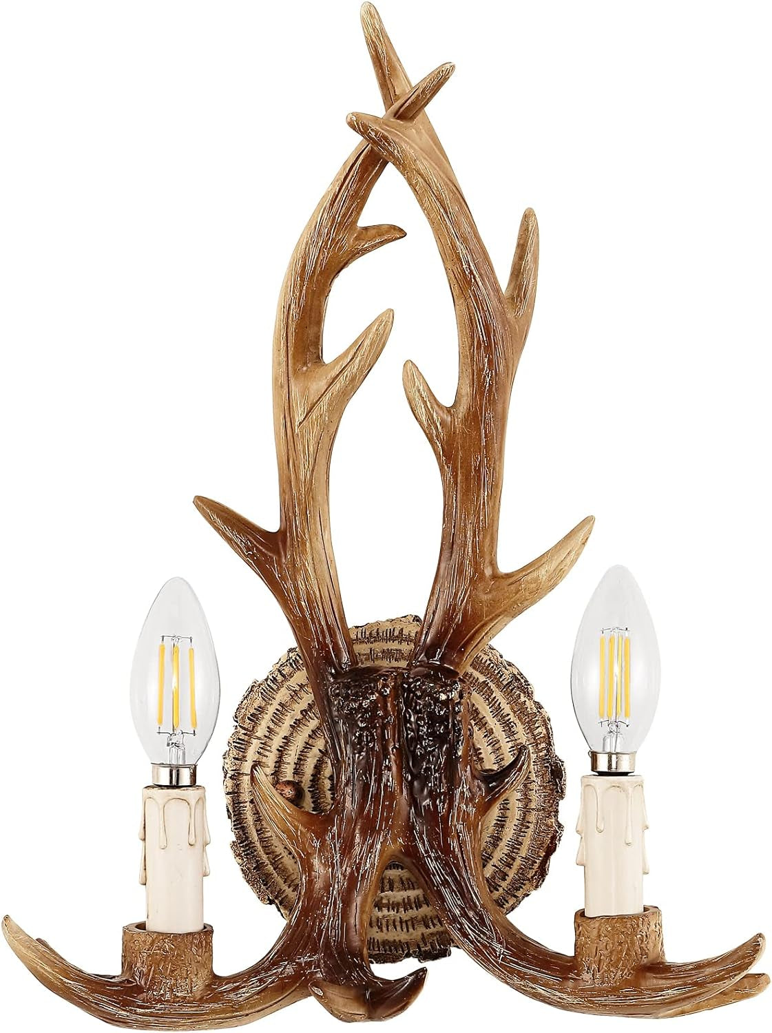 Antler Wall Sconce, 1-Light Vintage Faux Deer Horn Wall Lamp, Retro Brown Hardwired Flush Mount Indoor Light Fixture for Bedroom, Hallway, Living Room, and Fireplace (Bulb Not Included)