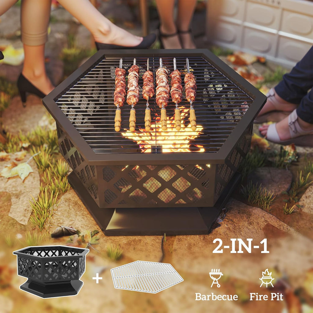 28" Outdoor Fire Pit Grill, Portable Wood Burning Firepit for outside with Cooking Grate, Fire Poker, Spark Screen Lid, Steel Hexagon Fireplace for Patio Bonfire Backyard BBQ Camping Picnic