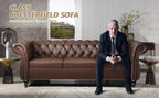 Chesterfield Leather Sofa 3 Seater Couch, Mid-Century Large Sofa Roll Arm Classic Tufted Settee Modern PU Sofa with Channel Tufted Seat Back for Living Room, Office, Apartment, PU Brown