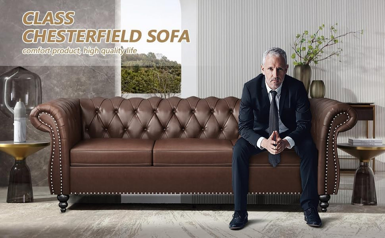 Chesterfield Leather Sofa 3 Seater Couch, Mid-Century Large Sofa Roll Arm Classic Tufted Settee Modern PU Sofa with Channel Tufted Seat Back for Living Room, Office, Apartment, PU Brown