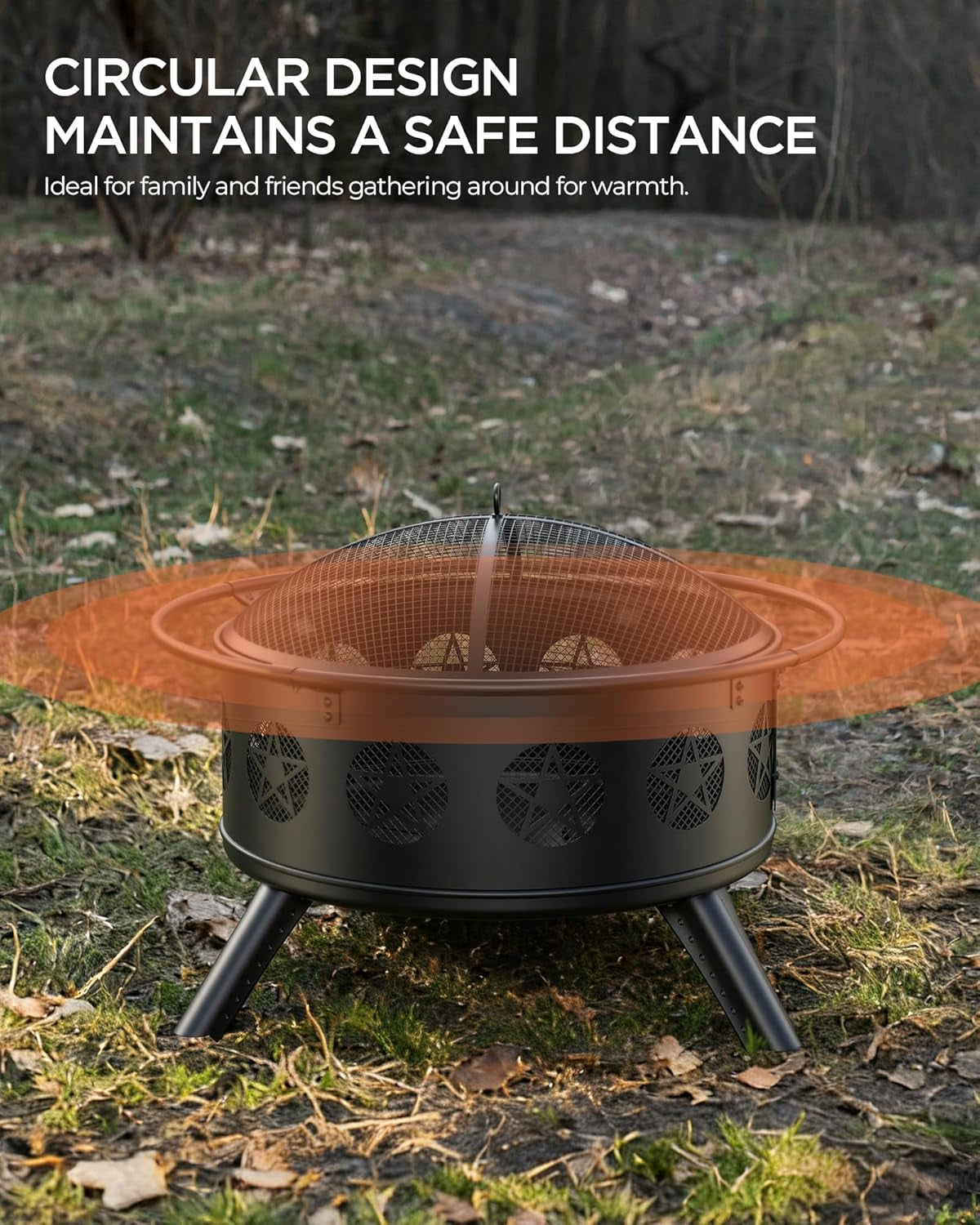 32 Inch Fire Pit with BBQ Grill & Mesh Cover, Wood Burning Fire Pits for outside with Fire Poker, Pentagram Hollow Design, round Metal Outdoor Firepit for Patio, Garden, Backyard, Bonfire Party
