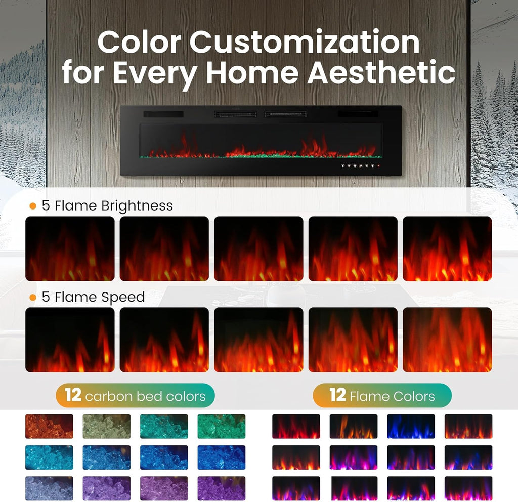 72" Electric Fireplace Wall Mounted & Recessed, 3.19" Ultra-Thin Linear Fireplace Electric Heater with Remote Control & Touch Screen, 750/1500W, Low Noise, Timer