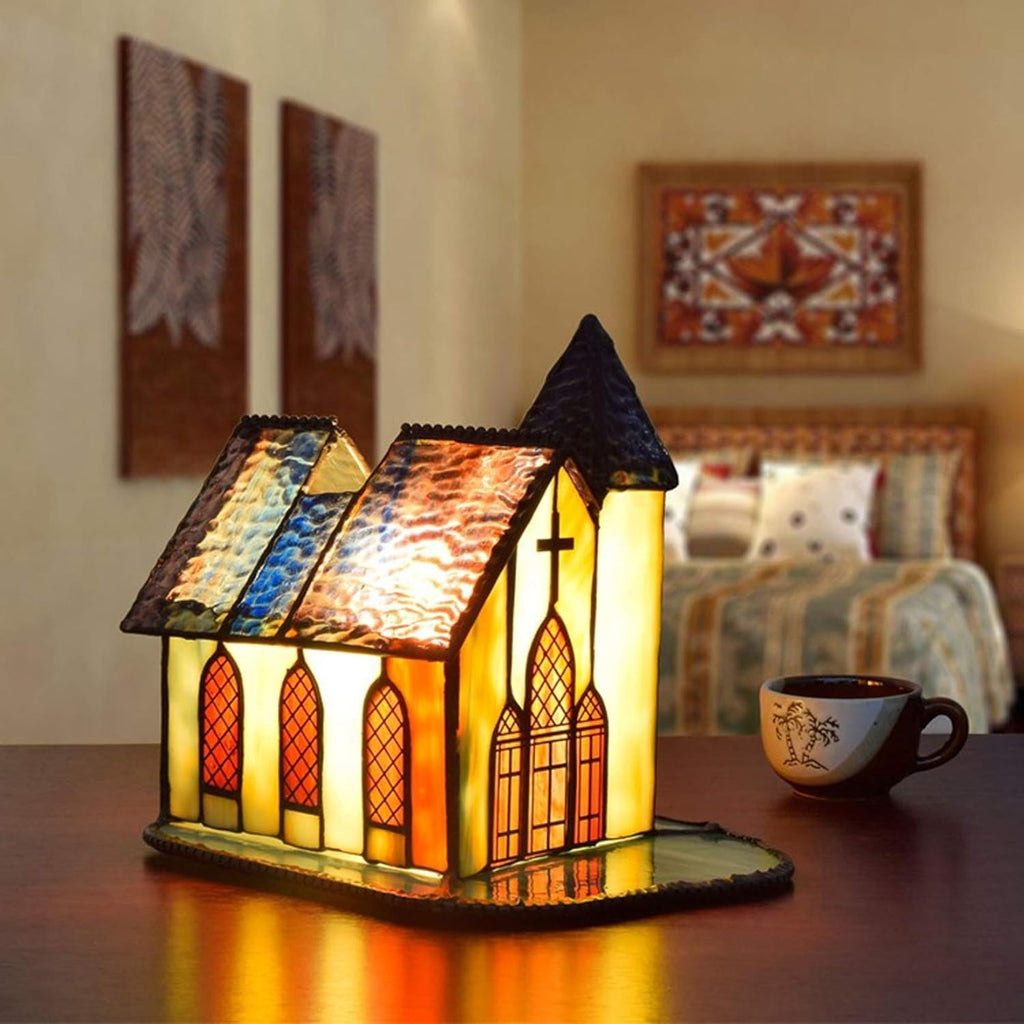 Tiffany Style Stained Glass Cathedral Church Night Light,E14, Accent Lamp, Table Lamp,Antique Bedroom Bedside Nightlight Lamp,Mission Desk Lamp,110-240V,A