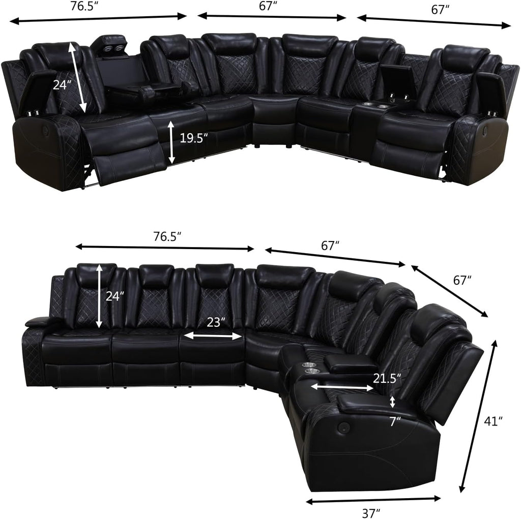 Power Recliner Sectional Sofa with LED Light, Breathing Leather Recliner Sofa Couch with Storage/Cup Holder for Living Room Home Office Theater (Black)