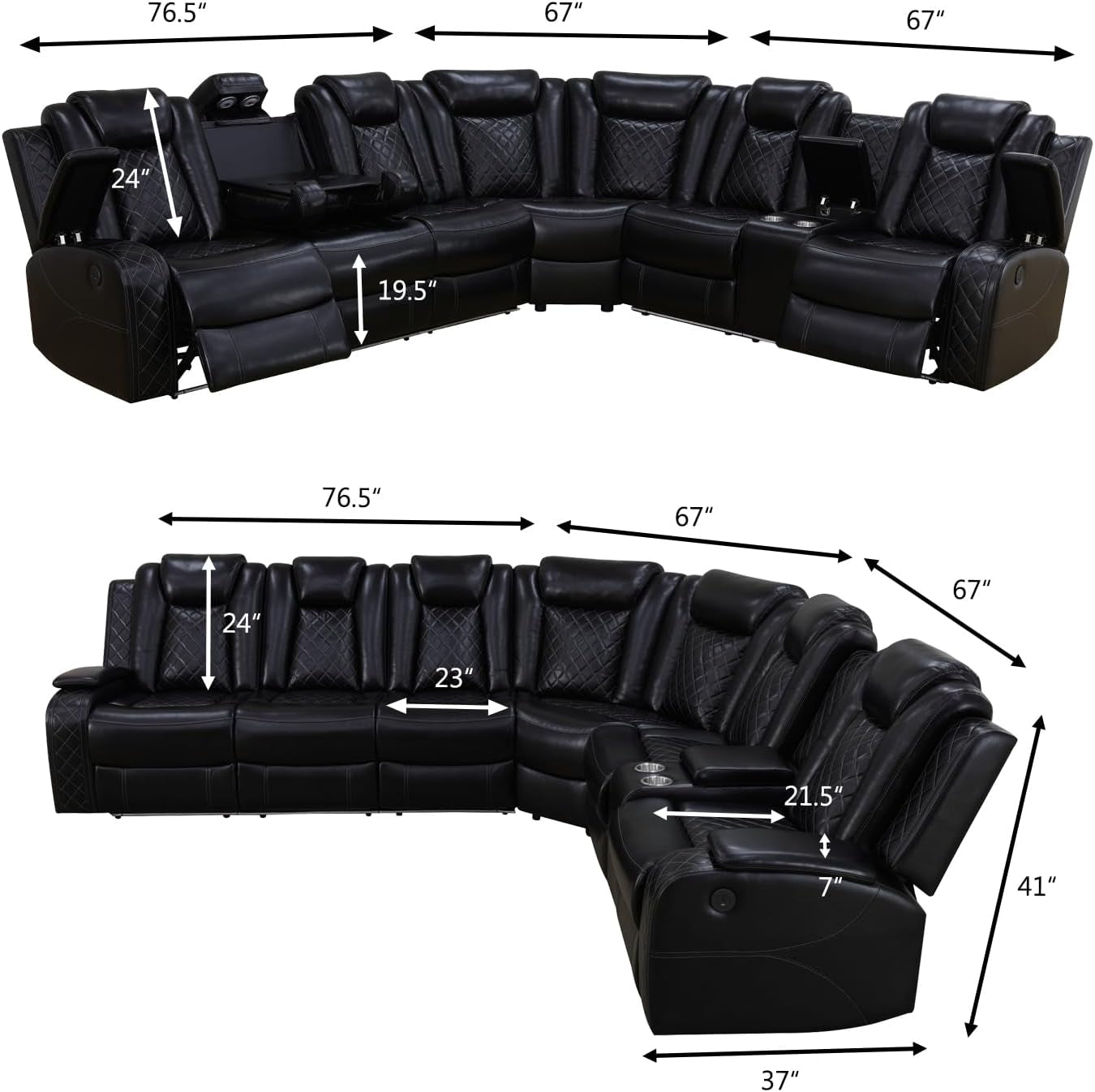 Power Recliner Sectional Sofa with LED Light, Breathing Leather Recliner Sofa Couch with Storage/Cup Holder for Living Room Home Office Theater (Black)
