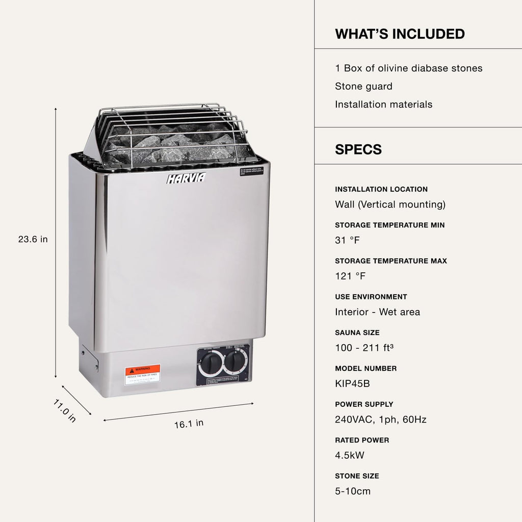 KIP 220V Sauna Heater, Wall Mounted Electric Sauna Stove, Stainless Steel 220V Heater with Sauna Stones Included, Large Stone Cavity for Maximum Heat Release (4.5Kw - Dials)
