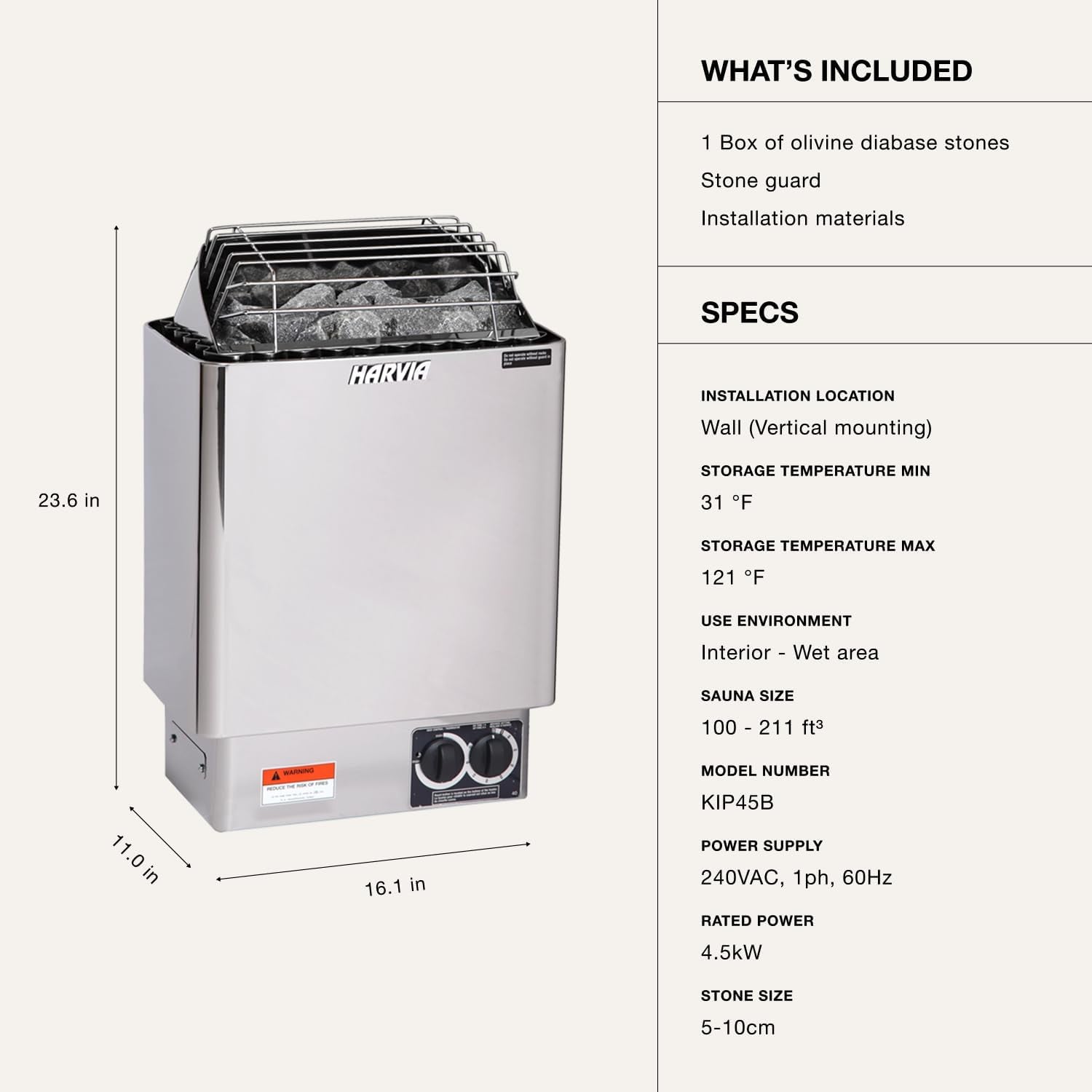 KIP 220V Sauna Heater, Wall Mounted Electric Sauna Stove, Stainless Steel 220V Heater with Sauna Stones Included, Large Stone Cavity for Maximum Heat Release (4.5Kw - Dials)